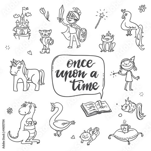 Fairy-tale characters Hand drawn contour. Once ipon a time