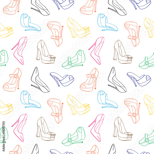 Seamless pattern hand drawn colorful womens shoes