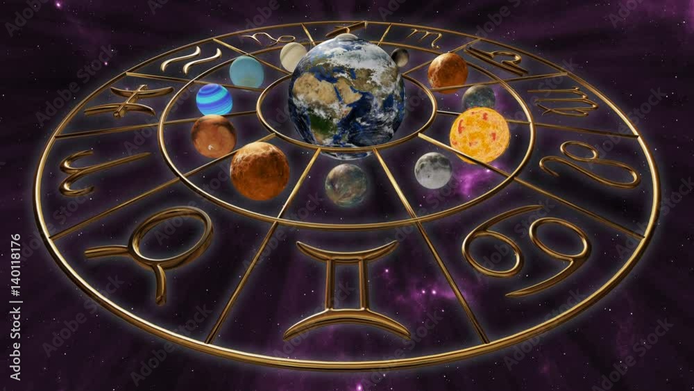 Rotating mystic golden zodiac horoscope symbol with twelve planets in cosmic scene. 4K