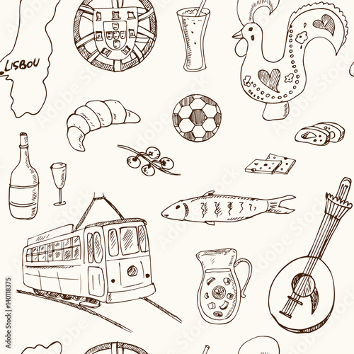 Portugal isolated elements and symbols. Hand drawn vector seamless pattern