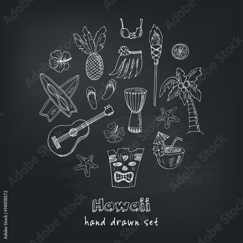 Hawaii Symbols and Icons, including Hula skirt, tiki gods, totem pole, drums, guitar, palm