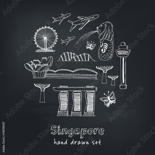 Set of Singapore hand drawn icons Vector illustration