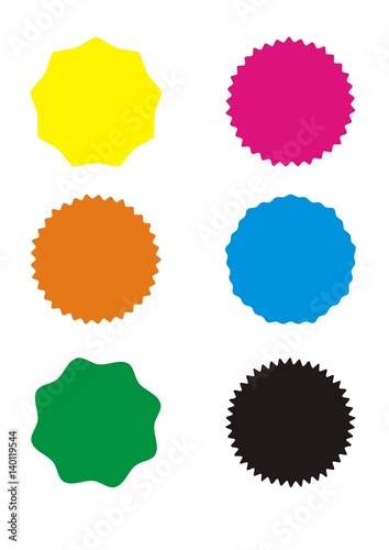 Set of vector starburst, sunburst badges. Six different color. Simple flat style