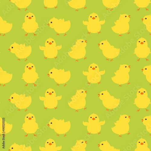 Seamless cute chicks pattern on green background