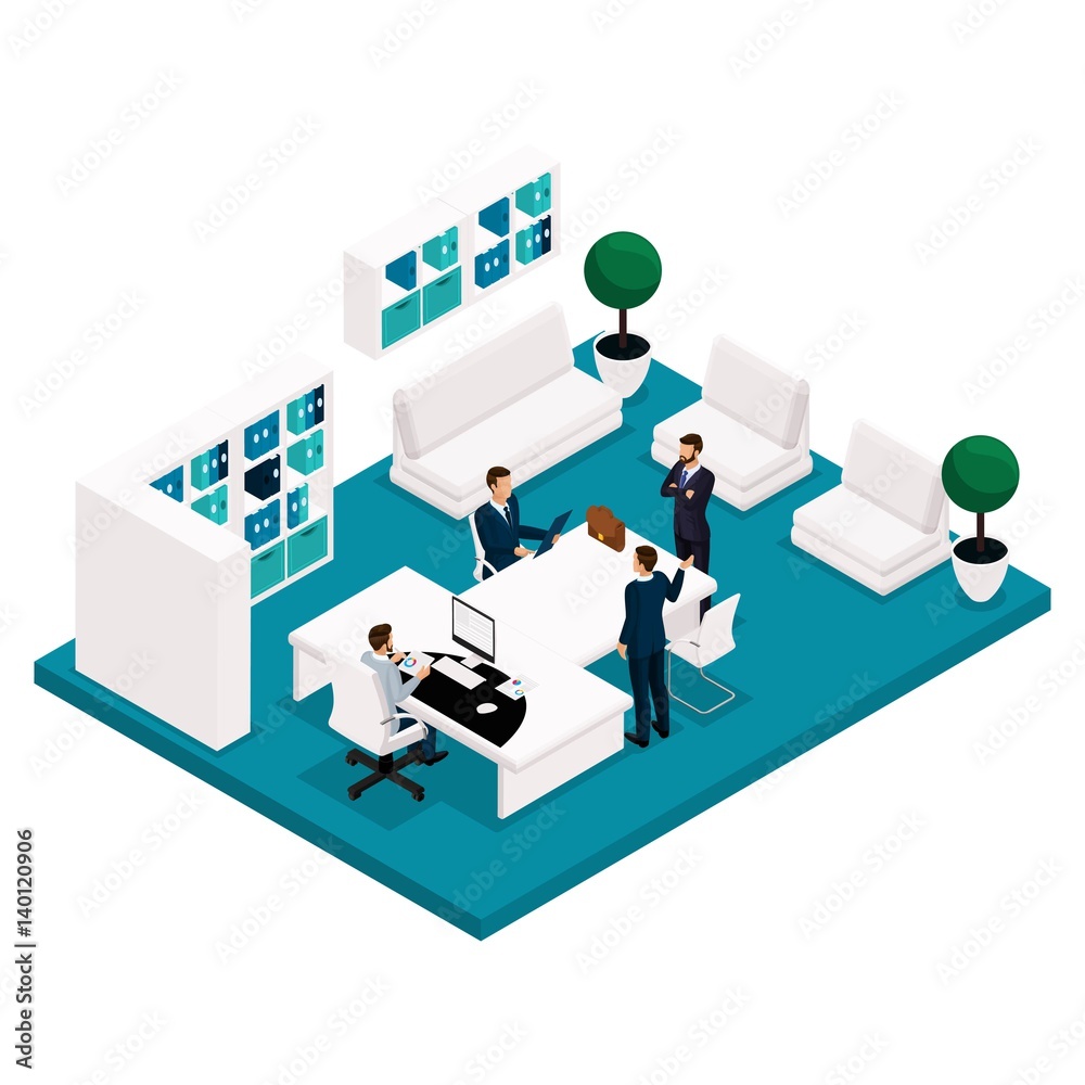 Trend isometric people, concept, office manager rear view, a large table for meetings, negotiations, brainstorming, businessmen isolated on a light background Trend isometric people, concept, office manager rear view, a large table for meetings, negotiations, brainstorming, businessmen isolated on a light background