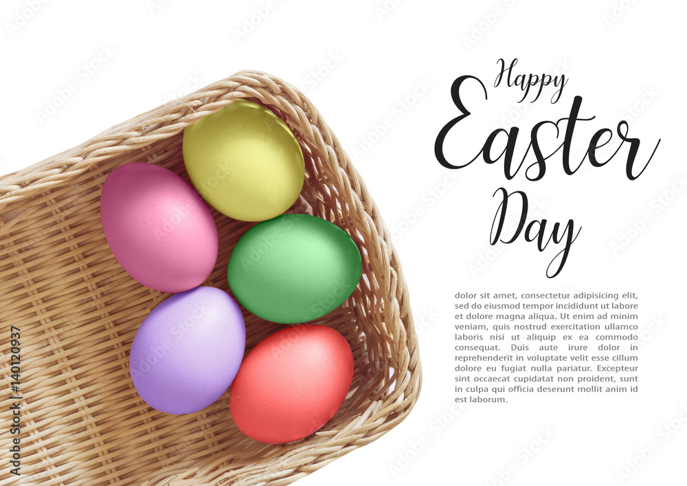 Colorful Easter Eggs on white background with simple text with copy space of your design Colorful Easter Eggs on white background with simple text with copy space of your design