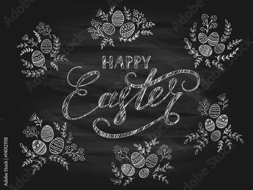 Black chalkboard background with decorative eggs and Happy Easter