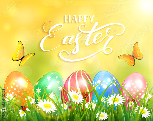 Happy Easter on yellow background and eggs on grass