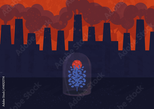 
Beautiful flower is lonely growing in industrial surroundings with factories, dust and gases. A glass cupola protects the plant from pollution and vandals. It is a symbol of gone beauty of nature.