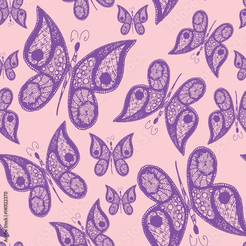 Seamless abstract pattern background with flying hand drawn butterflies. Vector illustration. Design for textile or paper.