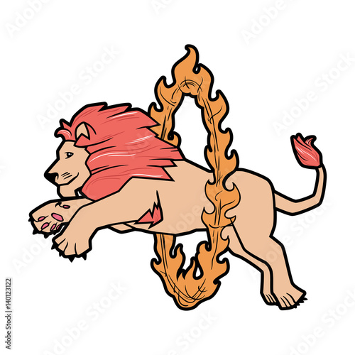 Circus trained wild animals performance isolated on white. lion jumps over the ring in the fire
