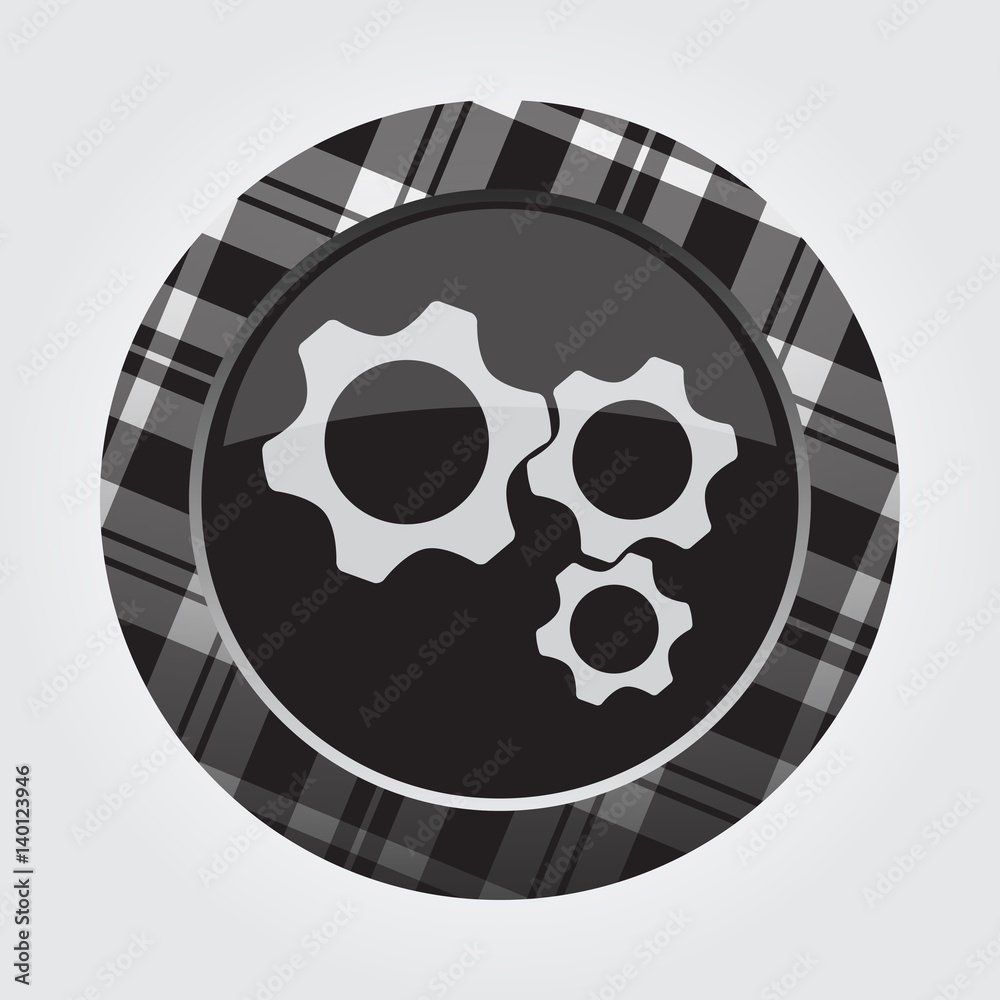 button with white, black tartan - three cogwheel