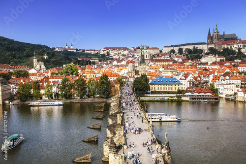 Top view of Prague, the Vltava river and the Charles bridge, Czech Republic