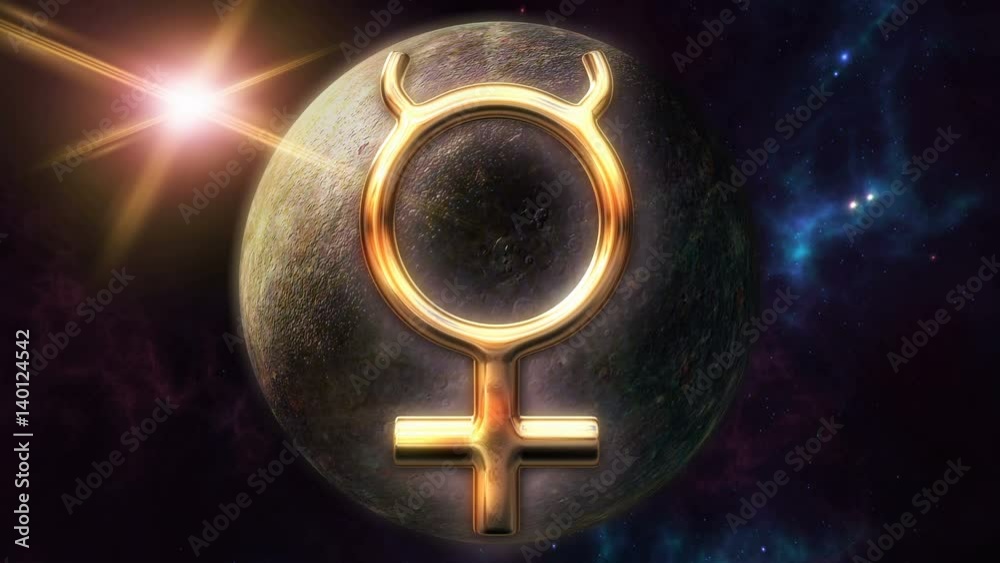Animated mercury zodiac horoscope symbol and planet. 3D rendering 4K