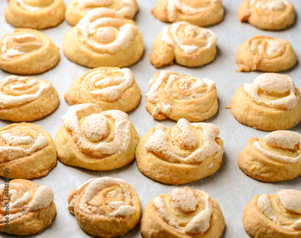 homemade crusty buns with sugar powder