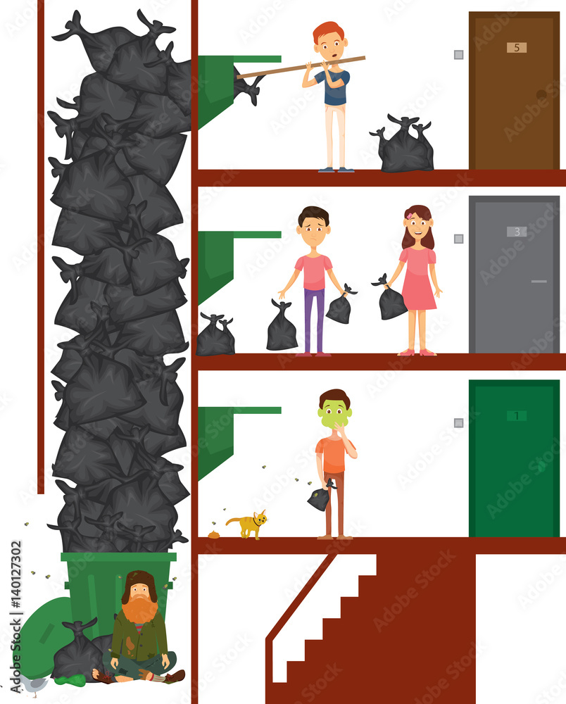 Garbage in the entrance, near the entrance. People throw garbage