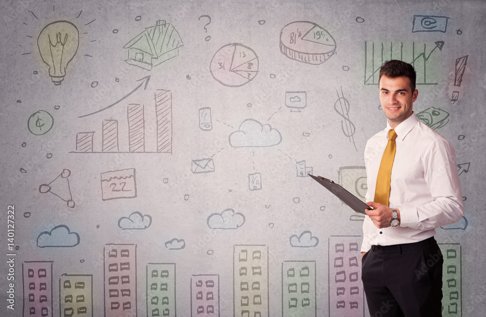 Colorful drawings on wall with businessman