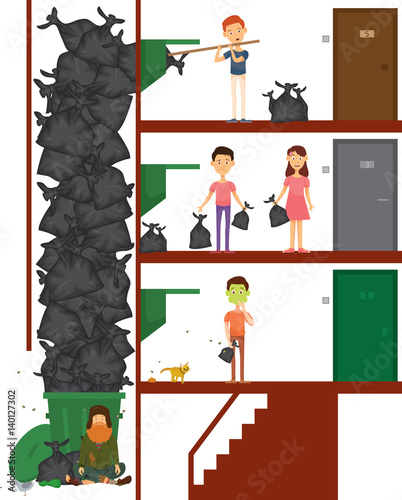 Garbage in the entrance, near the entrance. People throw garbage. Homeless people are sitting near the trash. The cat pissed. The garbage chute jammed. Vector.