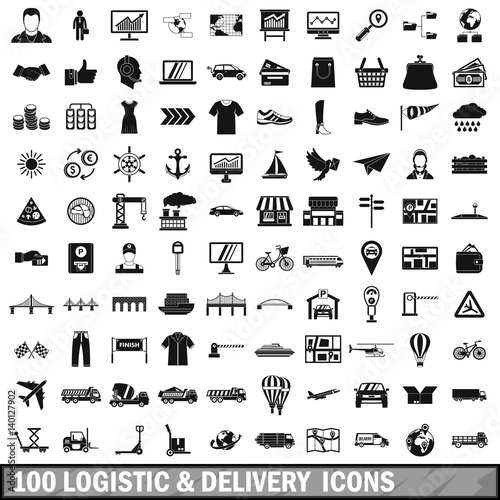 100 logistic and delivery icons set, simple style