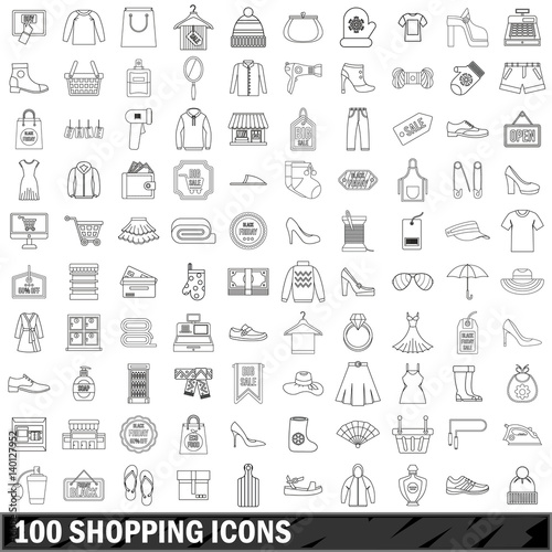 100 shopping icons set, outline style