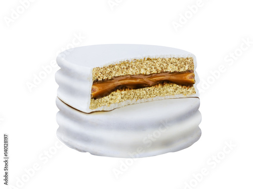 advice with bite white alfajor biscuit cookie, caramel filled and white background