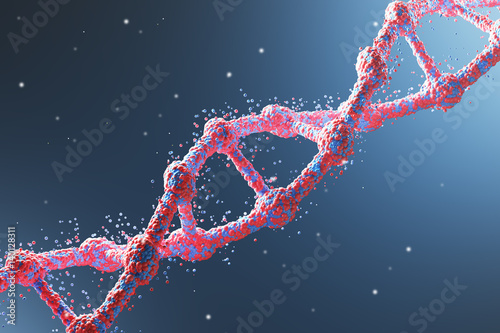 Red diagonal DNA chain against blue background photo