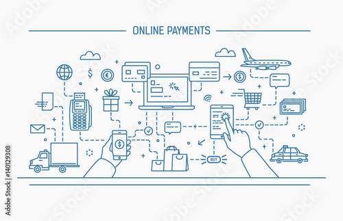 Line art flat contour vector illustration. online payments, money transfer, financial transaction.