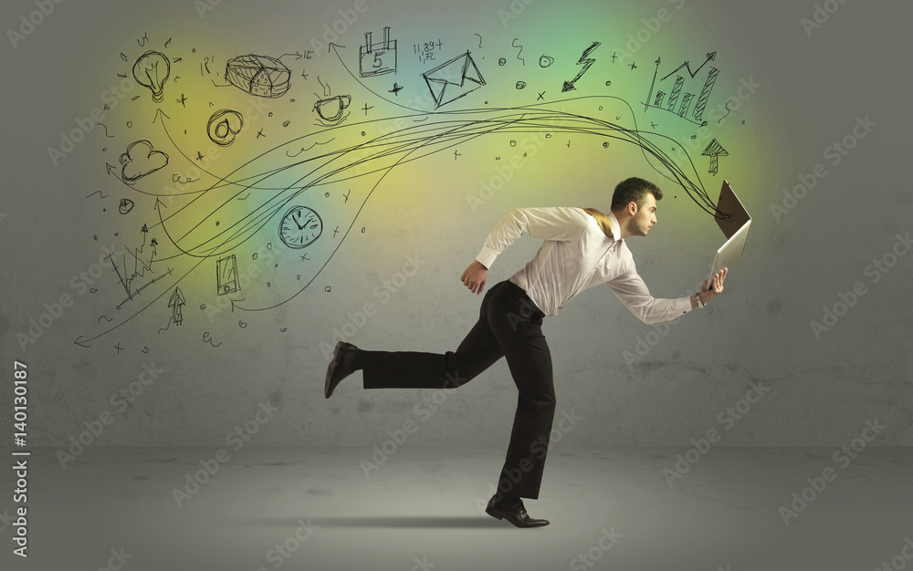 Business man in a rush with doodle media icons Business man in a rush with doodle media icons