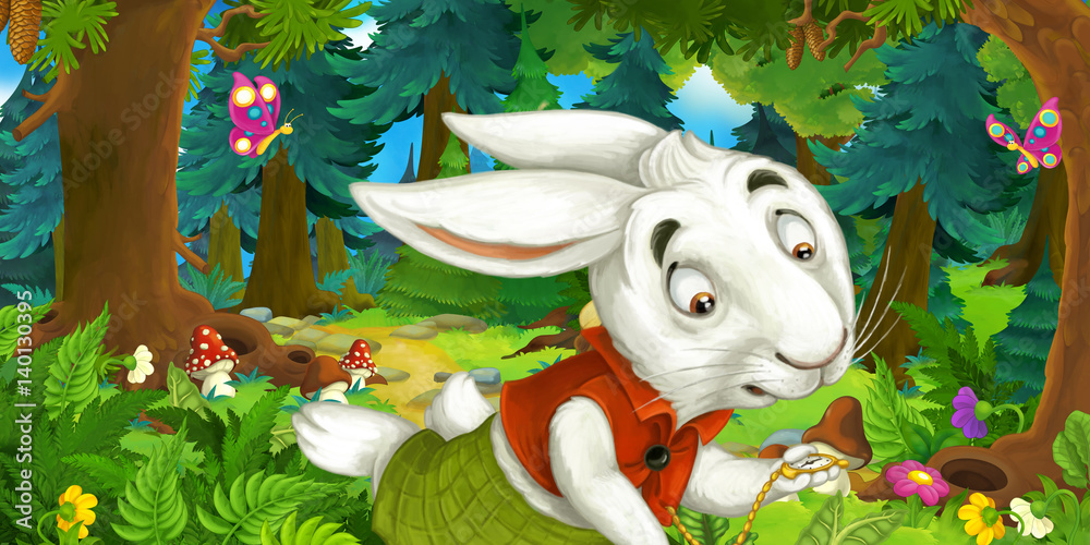 cartoon scene with running rabbit cheerful beautiful day Stock Illustration  | Adobe Stock