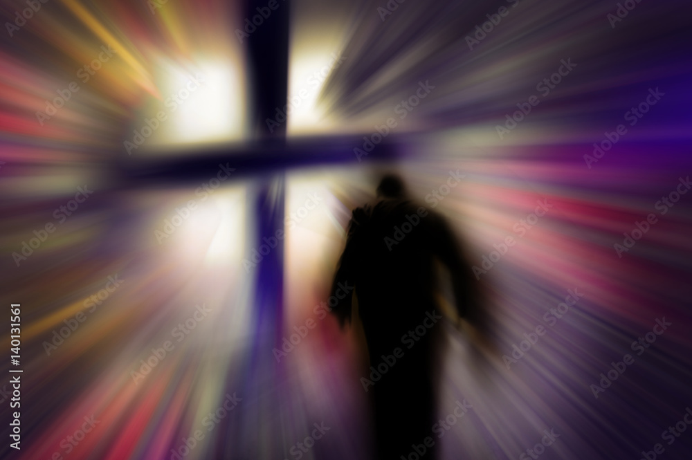 Man walking from the darkness towards the cross of light. Modern abstract artistic illustrations, concept of death, resurrection, Easter, burden and salvation. Man walking from the darkness towards the cross of light. Modern abstract artistic illustrations, concept of death, resurrection, Easter, burden and salvation.