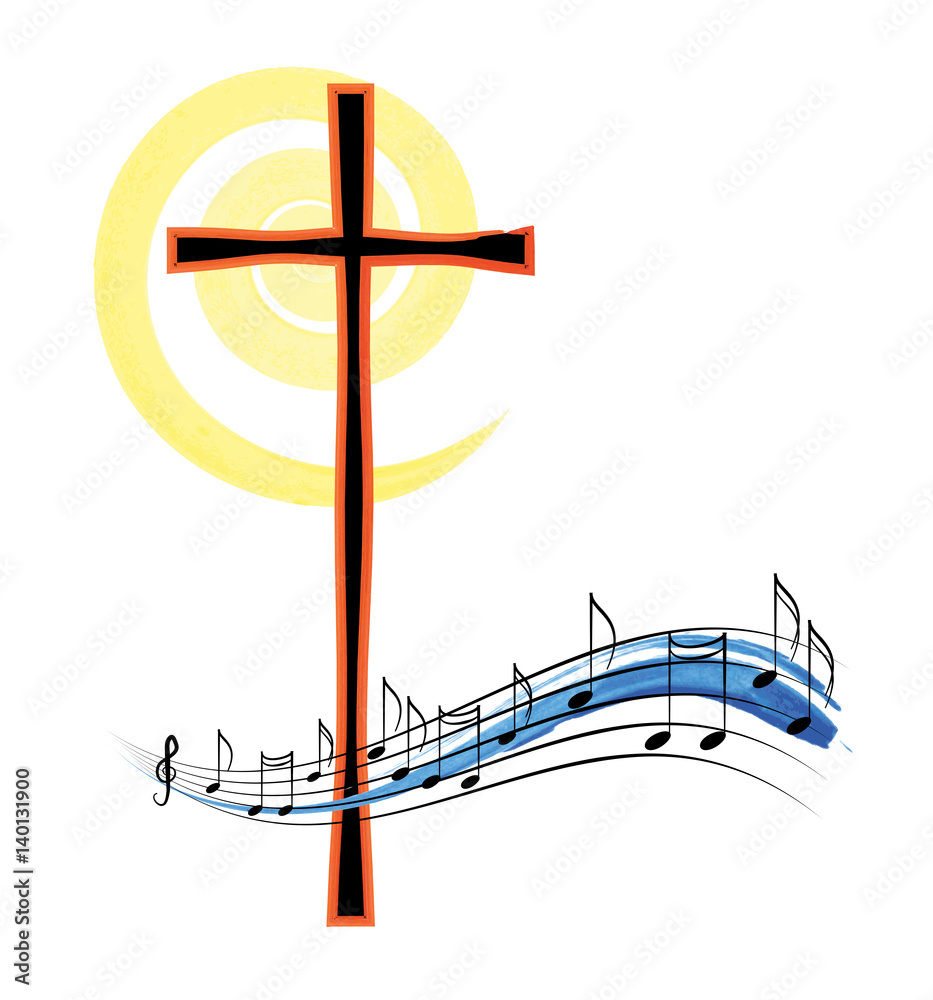 Musical notes with a cross, abstract religious christian music or hymn
