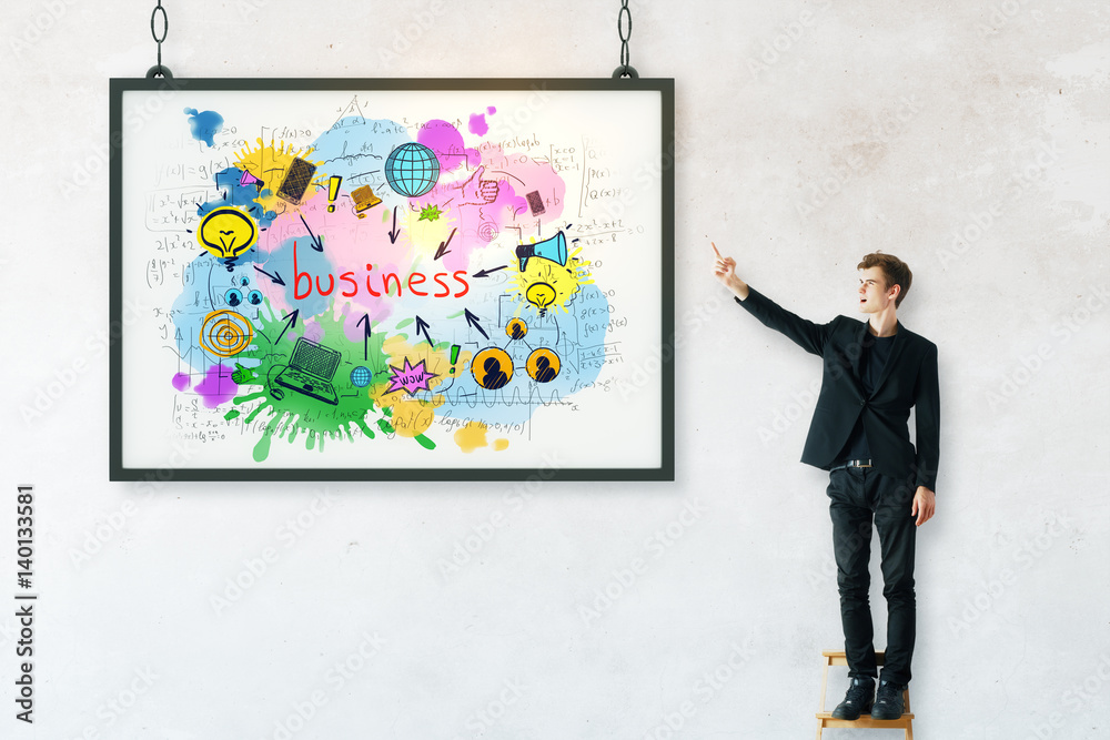 Businessman with business drawings in frame