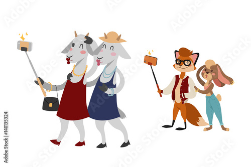 Funny picture photographer mamal person take selfie stick in his hand and cute animal taking a selfie together with smartphone camera vector illustration.