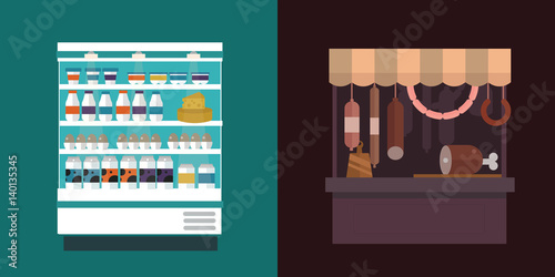 Fruit, vegetables, milk products, meat, bakery shop stall vector set