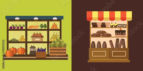 Fruit, vegetables, milk products, meat, bakery shop stall vector set