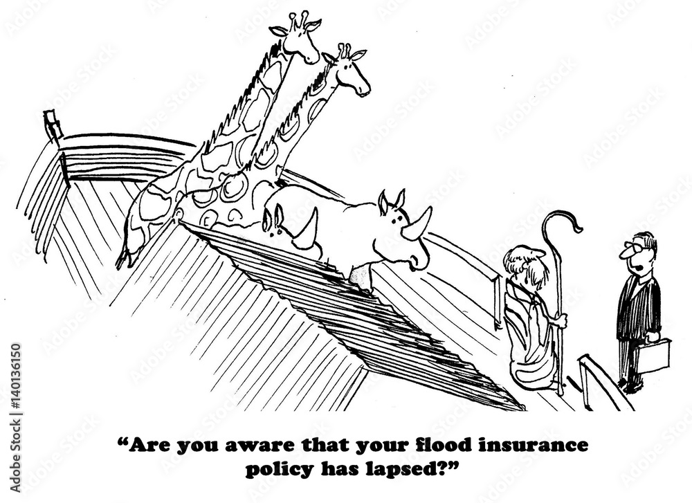 Cartoon showing Noah about to sail and the insurance man tells Noah his  flood insurance policy has lapsed. Stock Illustration | Adobe Stock