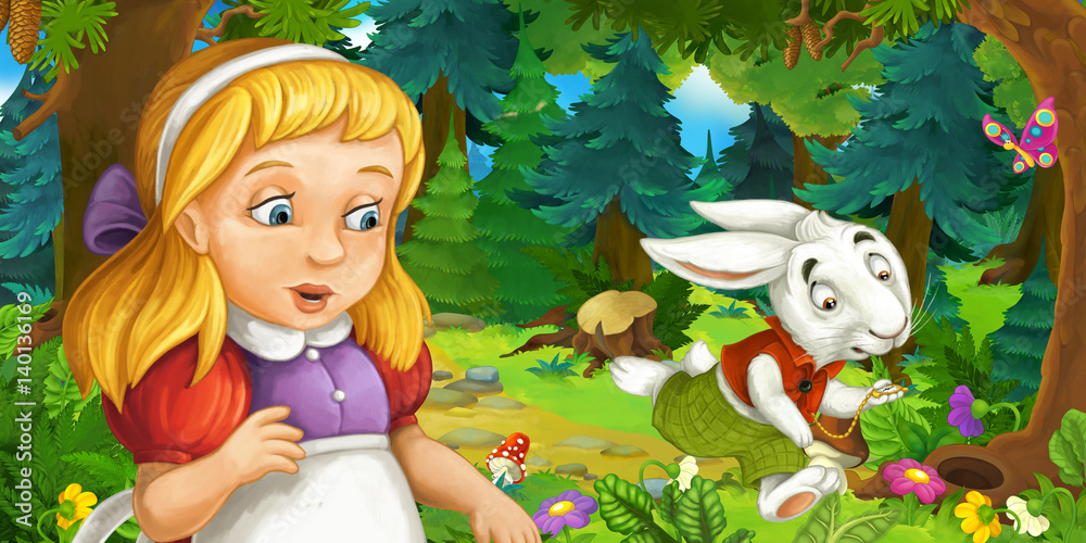 Naklejka premium cartoon scene with young girl in the forest near the tree looking at running rabbit