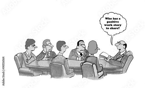 Business cartoon about uninvolved workers not having any positive work stories to share with their boss. 