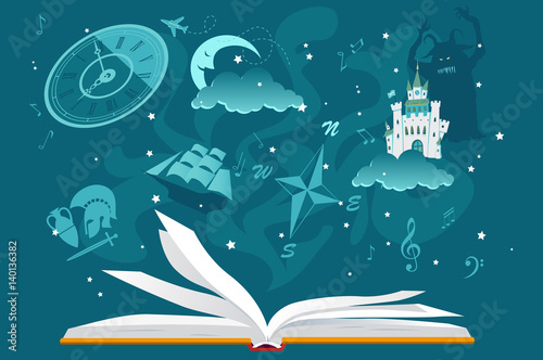 Open book with imaginary fantastic images hovering over it, EPS 8 vector illustration, no transparencies