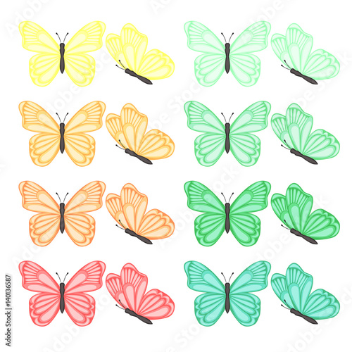 Collection of colored butterflies on a white background.