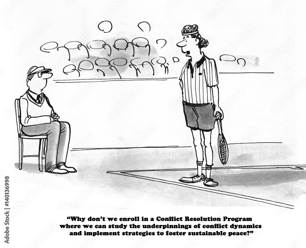 Tennis cartoon about a player and a judge contemplating conflict resolution. Stock Illustration | Adobe Stock Tennis cartoon about a player and a judge contemplating conflict resolution. Stock Illustration | Adobe Stock
