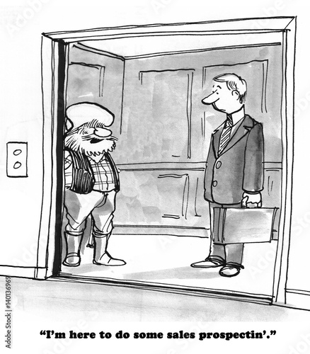 Tablou pe pânză Business cartoon about an old time prospector doing sales prospecting