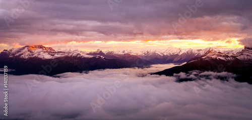 Mountain range viewat colorful sunrise  Rocky mountains  Canada