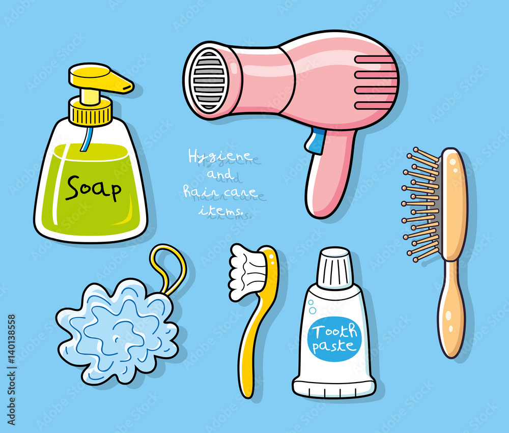 Hygiene and body care items. Hair dryer, comb, liquid soap bottle, bath  puff, tooth brush and paste. Vector icons set. Stock Vector | Adobe Stock