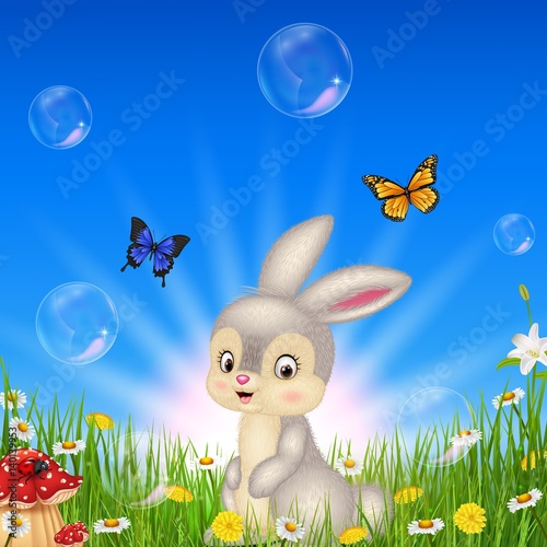 Cartoon small rabbit with nature background