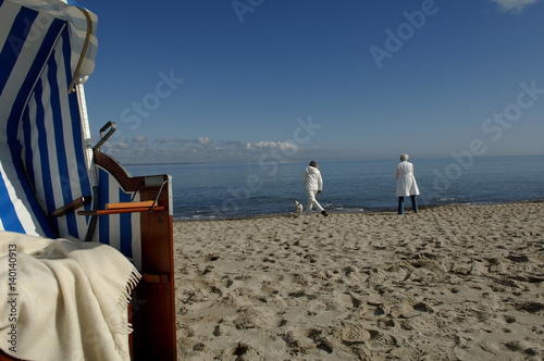 Two mature women with a dog at Baltic Sea beach