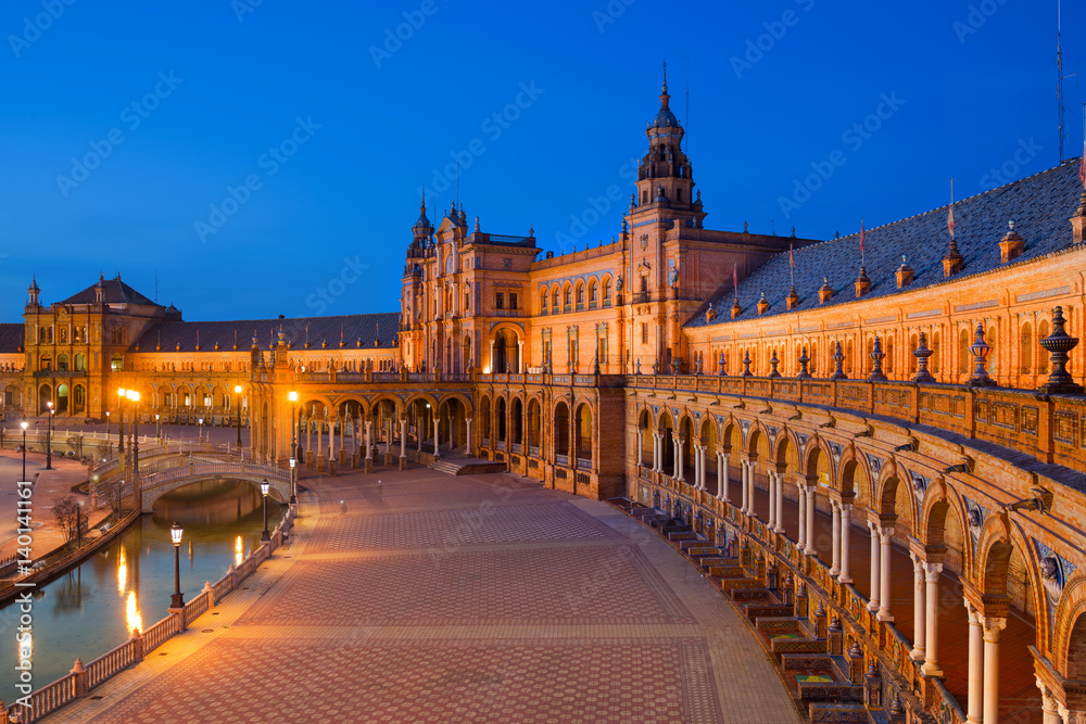Spain Square in Maria Luisa Park at Dusk, Seville, Andalusia, Spain