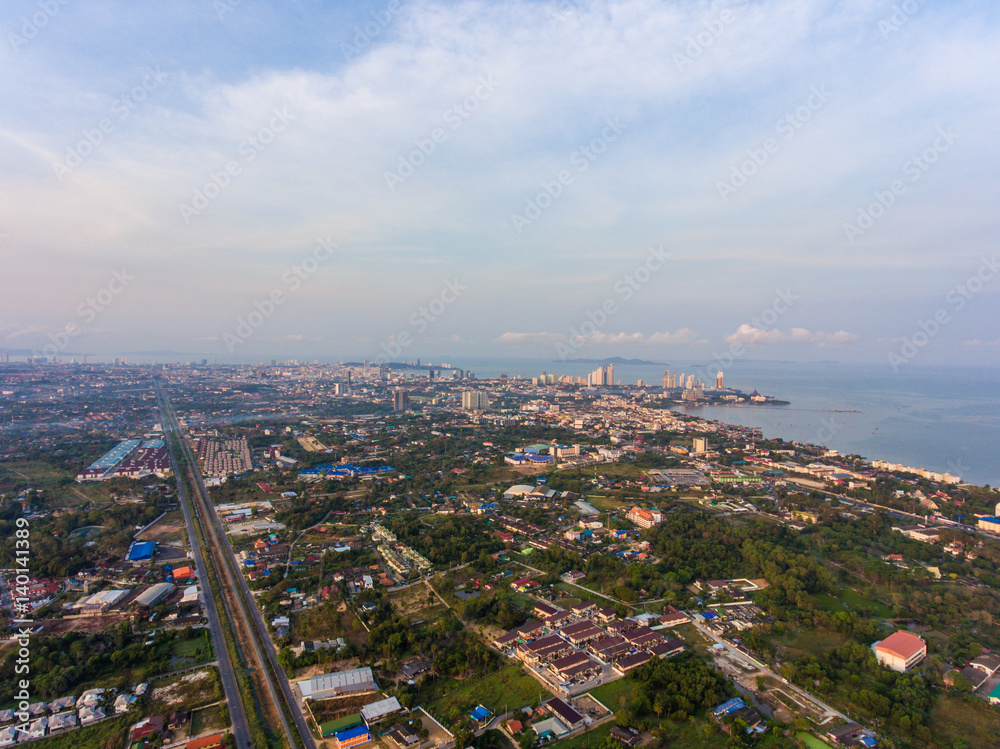 Aerial view of Pattaya city from rural area zone in the morning