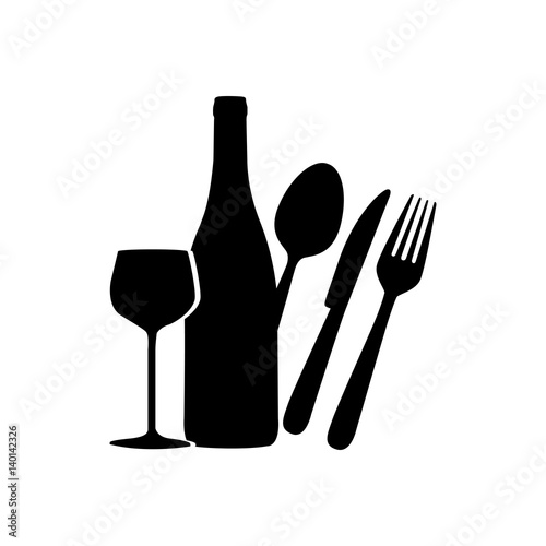 black wine bottle, glass and cutlery icon, vector illustraction design