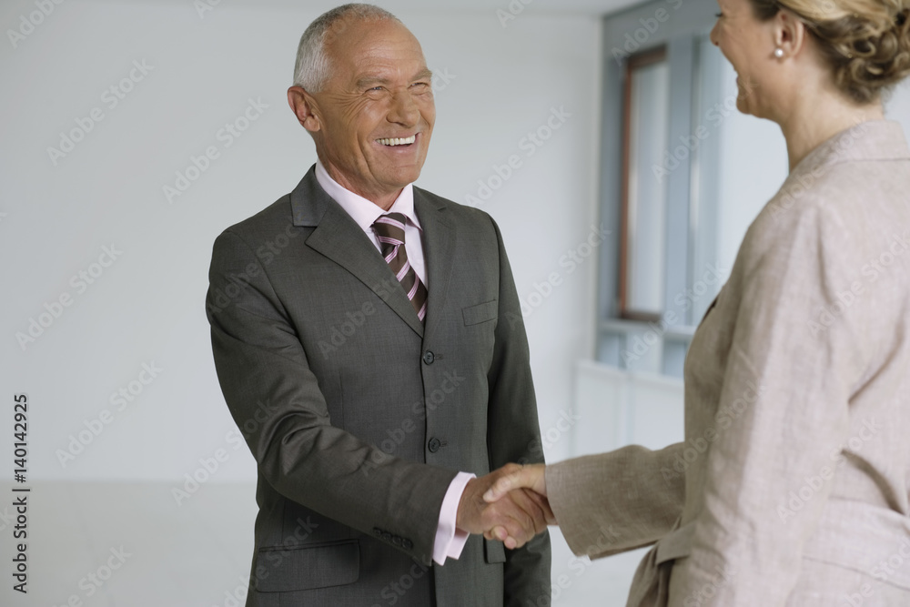 Elderly manager and business woman shaking hands, in high spirits